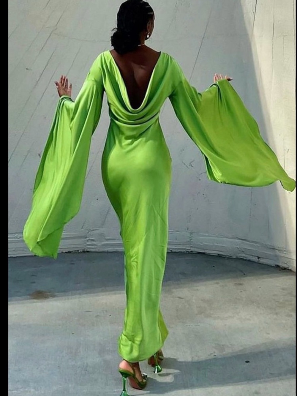 ASOS DESIGN satin maxi dress with extreme drape sleeve and open back in olive